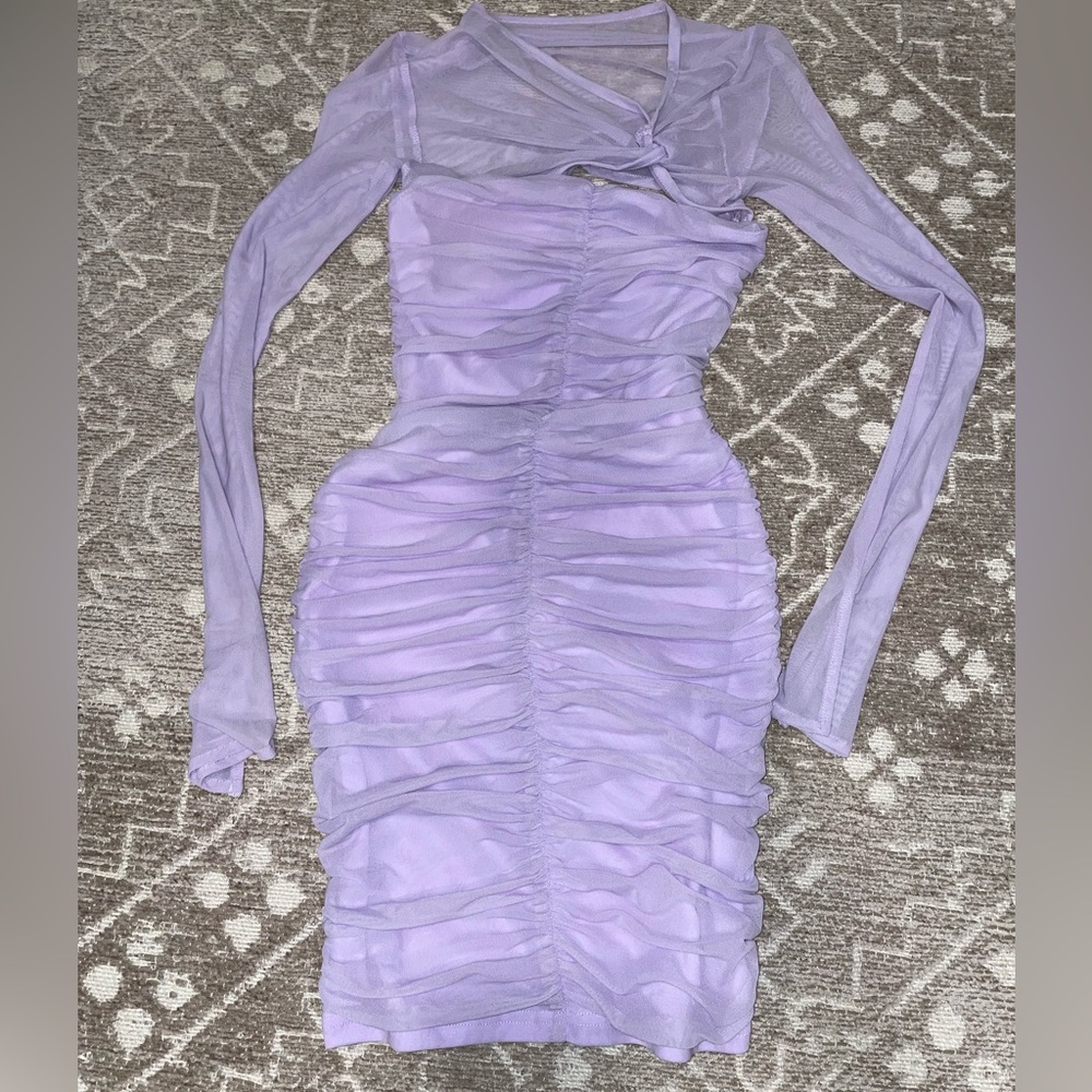Pastel purple mesh ruched dress.